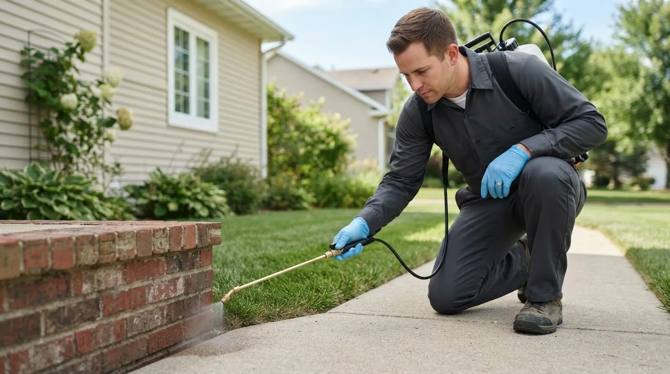 Pest control technician treating a home near New Carlisle, IN