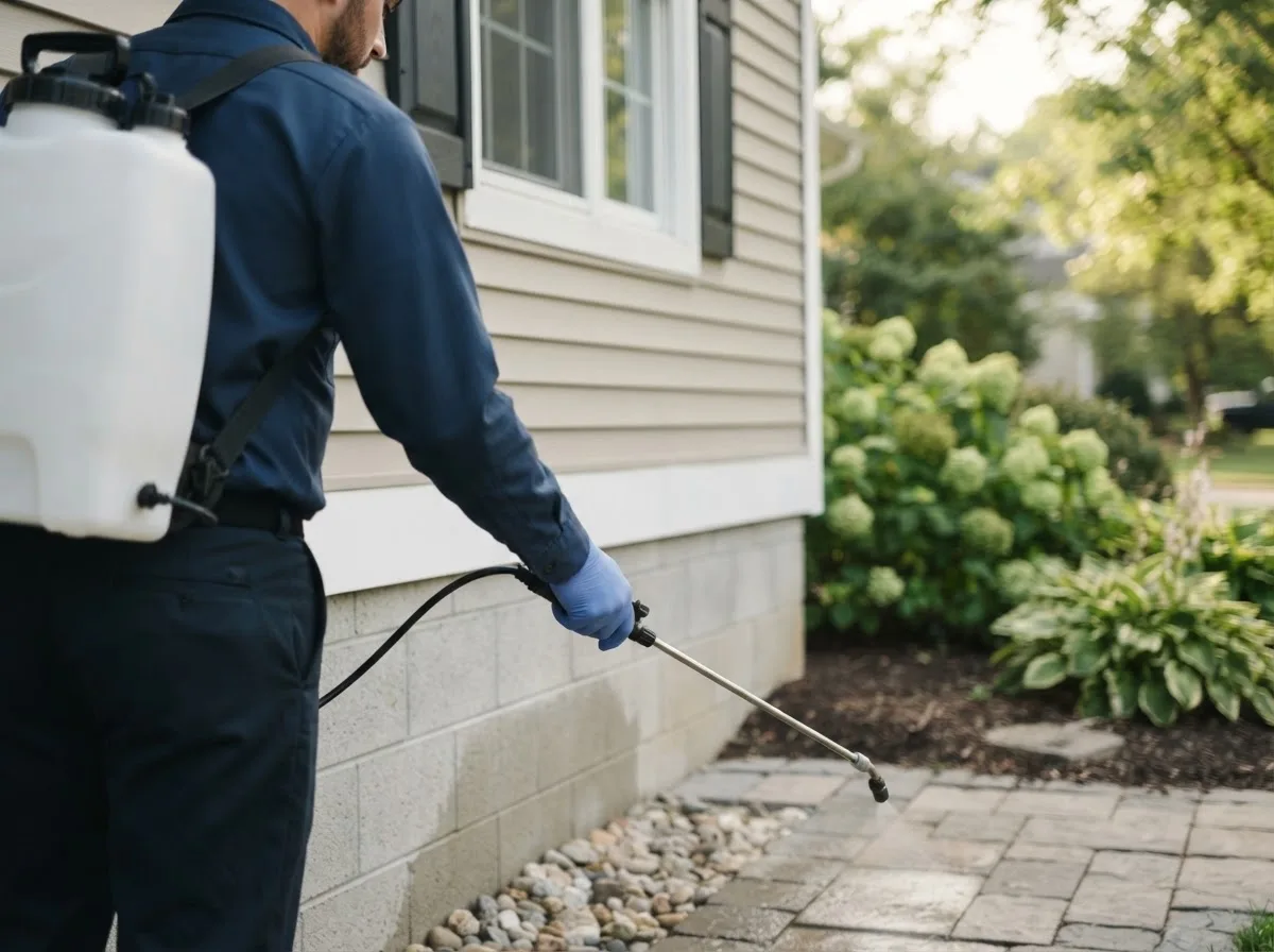 Pest control technician inspecting a home in New Carlisle, IN
